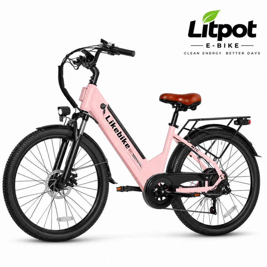 Bicicleta elétrica com rodas de 26 polegadas, quadro de acesso fácil (step-through), motor de 500W, bateria removível de 48V 15Ah e suspensão dianteira - modelo todo-terreno. - Rosa chiclete - Visão 1