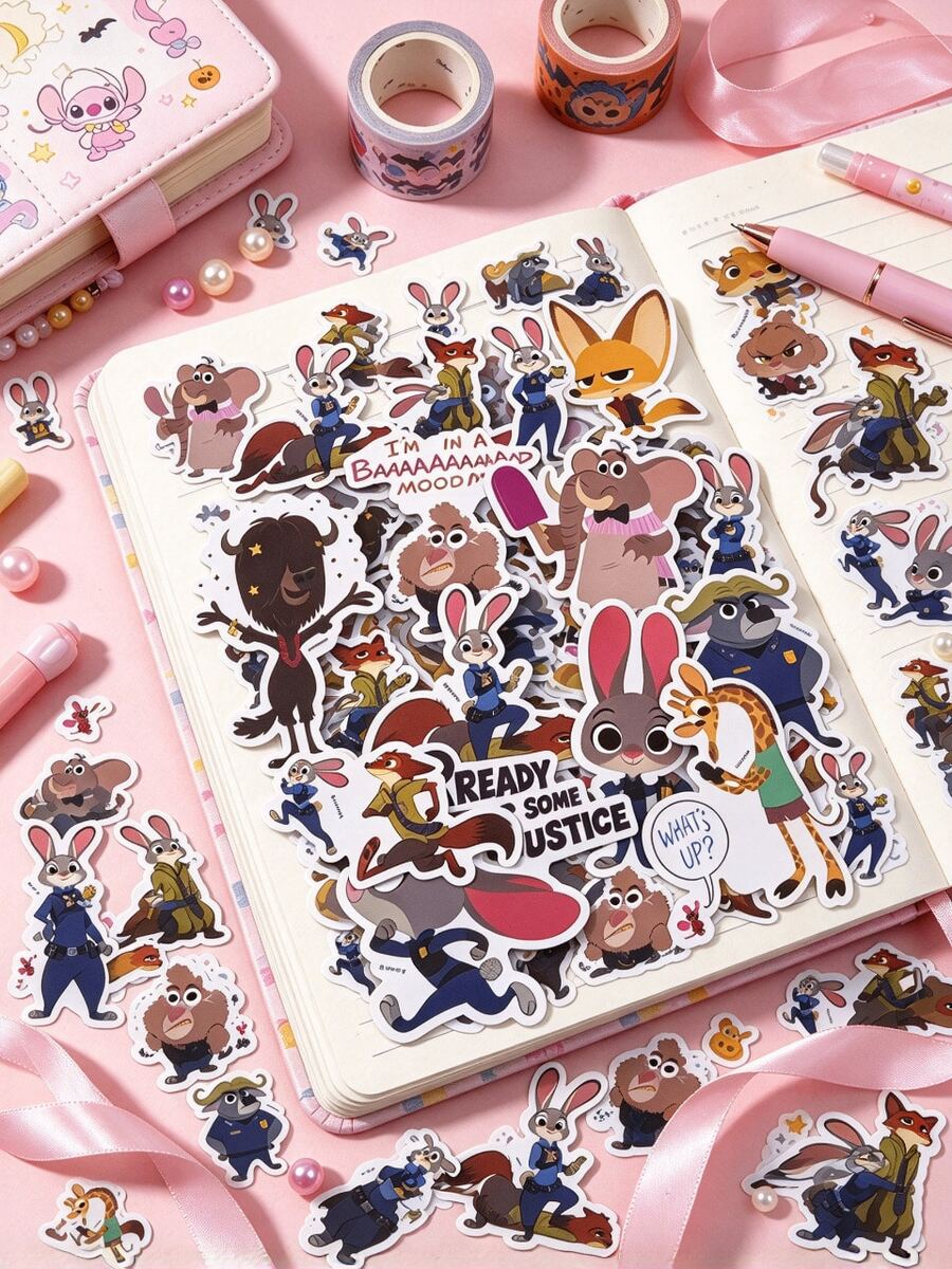 Disney 50pcs Zootopia Cute Cartoon Stickers Set Pack, Fade Resistant Waterproof Stickers, Cute Chibi Aesthetic Stickers, Anime Cartoon Stickers For Laptop Notebook Water Bottle Phone Case Mug Spice Rack DIY Crafts, Holiday Gift Party Favor - Multicolor - View 1