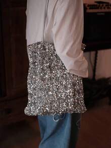 Niche Design Premium Sequin Decor Canvas Shoulder Tote Bag 2026 Autumn New Large Capacity Commuter Women's Handbag - Silver - View 1