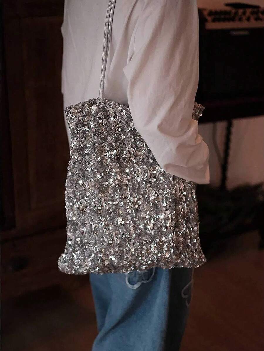 Niche Design Premium Sequin Decor Canvas Shoulder Tote Bag 2026 Autumn New Large Capacity Commuter Women's Handbag - Silver - View 1