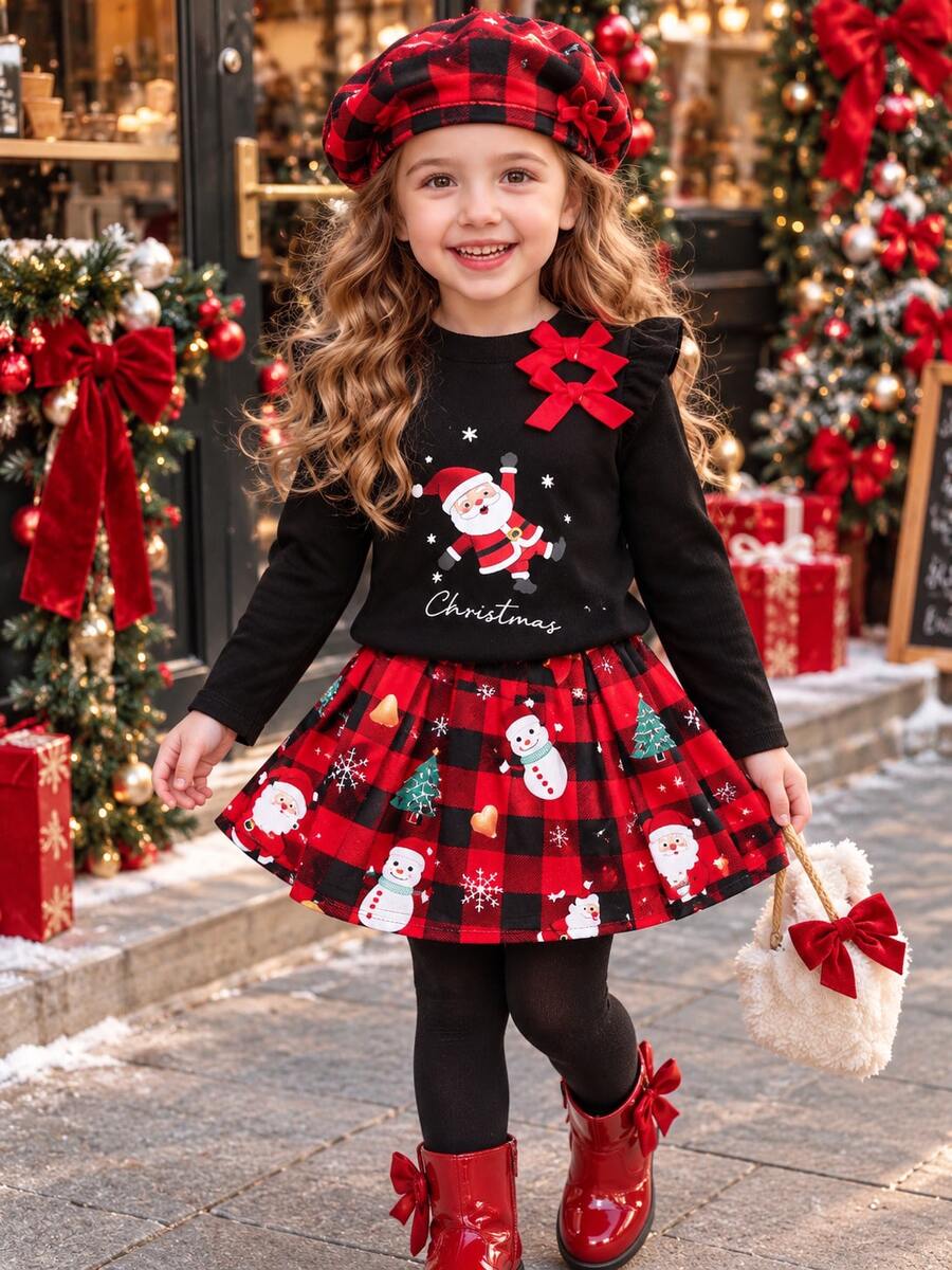 Young Girl Chic Christmas Santa Print Ruffle Top & Red Black Plaid Skirt 2-Piece Winter Outfit, Elegant Set For Christmas & New Year Party - Black - View 1