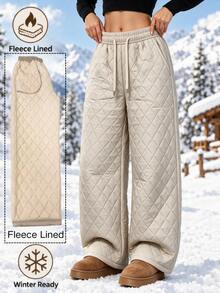 Women's Fleece Lined Quilted Wide Leg Pants, Drawstring Elastic Waist Thickened Casual Warm Long Pants, Autumn/Winter (Beige) - White - View 1