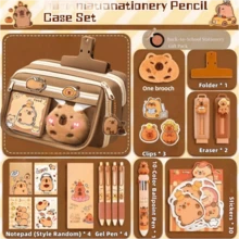 8pcs/128pcs/226pcs Cute Cartoon Multi-Layer Pencil Case Set, Includes Cartoon Printed Pens And Erasers Complete Stationery Supplies, Practical Patterned Stationery Supplies, Daily Use Stationery Series - Khaki - View 14