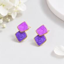 2pcs Elegant Minimalist Colorblock Square Stud Earrings, Unique Personalized Women's Earrings - Hot Pink - View 6