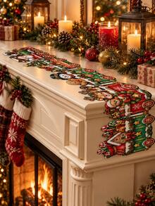 1PC Christmas Village Table Runner, Gingerbread Snowman Reindeer Christmas Tree & Present Pattern Linen Long Table Decor, Festive Cutout Edge Dining Runner For Holiday Dinner Party, Winter Home, Kitchen Table Decoration - C - View 3