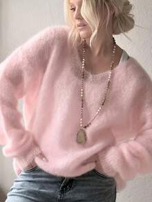 Women's Plush Sweater | Dusty Pink V-Neck Fall Winter Pullover | Soft Dropped Shoulder Knit Top, Party, Christmas, New Year - Pink - View 1