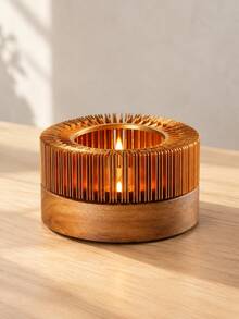 1pc Wooden Base Teapot Warmer, Vertical Striped Metal Candle Tea Heater, Retro Tea Light Holder, Keep Tea Coffee Warm, Home Table Decor For Afternoon Tea & Cozy Evening - Gold - View 3