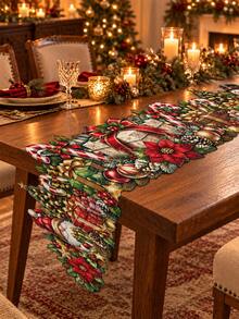 1PC Christmas Linen Table Runner, Red Green Poinsettia Candy Cane Gift Box Pine Cone Print, Shaped Holiday Dining Table Decor For Christmas Dinner, Winter Party, Kitchen, Farmhouse Home & Seasonal Tabletop Decoration - A - View 2
