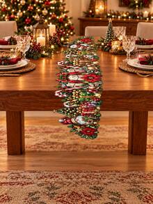 1PC Christmas Linen Table Runner, Red Green Poinsettia Candy Cane Gift Box Pine Cone Print, Shaped Holiday Dining Table Decor For Christmas Dinner, Winter Party, Kitchen, Farmhouse Home & Seasonal Tabletop Decoration - A - View 7