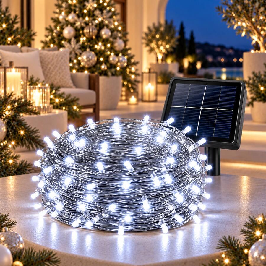 1 Pieza Luces de Cadena LED Solares de 20 m con Panel Solar, Guirnalda de Luces de Hada en Luz Cálida o Blanco Frío, Decoración Navideña para Árbol de Navidad, Jardín, Patio, Balcón, Terraza y Fiesta - 20m Luz blanca fría - Ver 1