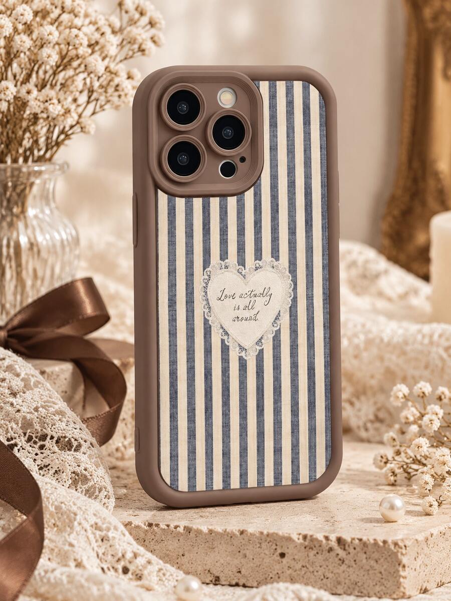 Vintage Striped Heart Phone Case, Brown And Cream Vertical Stripes With Lace Heart Pattern, Romantic Sweet Girly Style Personalized Protective Shell Compatible With IPhone 18 Pro Max 18 Pro 17 Pro Max 17 Pro 17 16 15 14 13 12 11, Honor - Multicolor - View 1