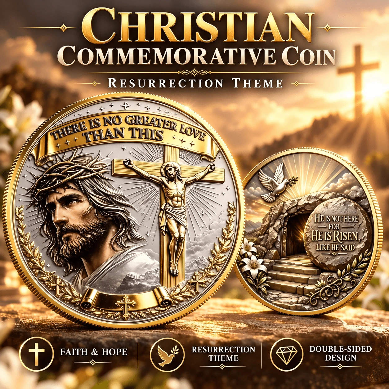 1pc Jesus Christ Resurrection Commemorative Coin, Double Sided Christian Faith Collectible, Crucifixion Cross & Empty Tomb Design, Prayer Keepsake, Religious Gift For Christmas & Easter, Spiritual Inspiration, Christian Home Decor - Multicolor - View 1