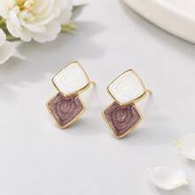 2pcs Elegant Minimalist Colorblock Square Stud Earrings, Unique Personalized Women's Earrings - Hot Pink - View 5