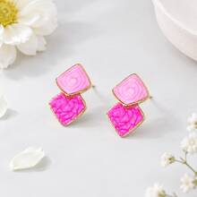 2pcs Elegant Minimalist Colorblock Square Stud Earrings, Unique Personalized Women's Earrings - Hot Pink - View 7