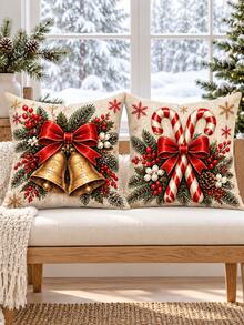 4PCS Red & Green Christmas Pillow Covers, Christmas Flower, Candle, Golden Bell & Candy Cane Pattern, Vintage Winter Home Decor, Suitable For Bedroom, Living Room, Sofa And Office, Pillow Insert Not Included - Multicolor - View 9