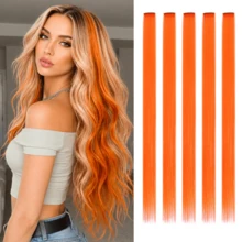 5 Pcs Orange Hair Extensions | 24" Clip In Hair Extension | Colourful Straight Long Hair Extensions Clip In Hair Synthetic Straight Hair - Orange - View 10