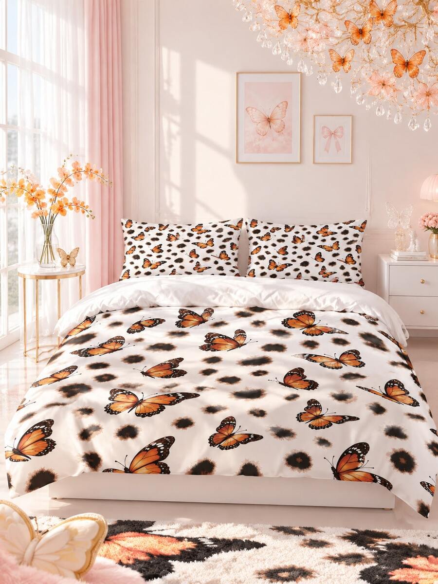 3pcs Orange Leopard Print Butterfly Bedding Set (1 Duvet Cover + 2 Pillowcases), Breathable, Comfortable, Soft, Suitable For Twin/Full/Queen/King Size Beds, Machine Washable, Room Decor, Dorm Bedding, Daily Decoration - Multicolor - View 1