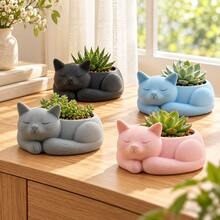 1pc Sleeping Cat Shaped Mini Planter Pot, Cat-Shaped Decorative Desktop Flower Pot, Suitable For Home, Office, Kitchen, Gift For Cat Lovers - Multicolor - View 1
