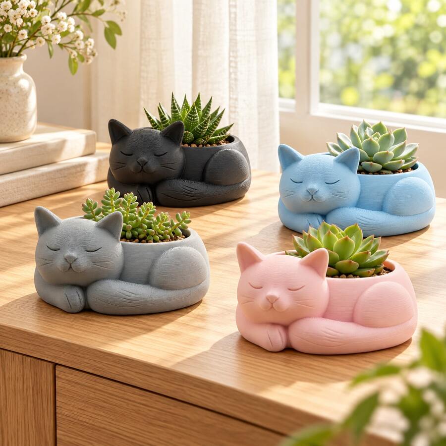 1pc Sleeping Cat Shaped Mini Planter Pot, Cat-Shaped Decorative Desktop Flower Pot, Suitable For Home, Office, Kitchen, Gift For Cat Lovers - Multicolor - View 1