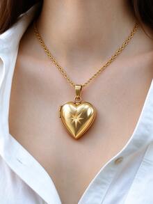 1pc Vintage Embossed Star & Heart Pendant Necklace, Openable Photo Locket Pendant Necklace, Stainless Steel Material Pendant Necklace, Delicate O-Shaped Neck Chain, Unisex Versatile Accessory Suitable For Daily Commute, Travel, Also Can Be Given As Christmas Gift - Star Heart - View 5