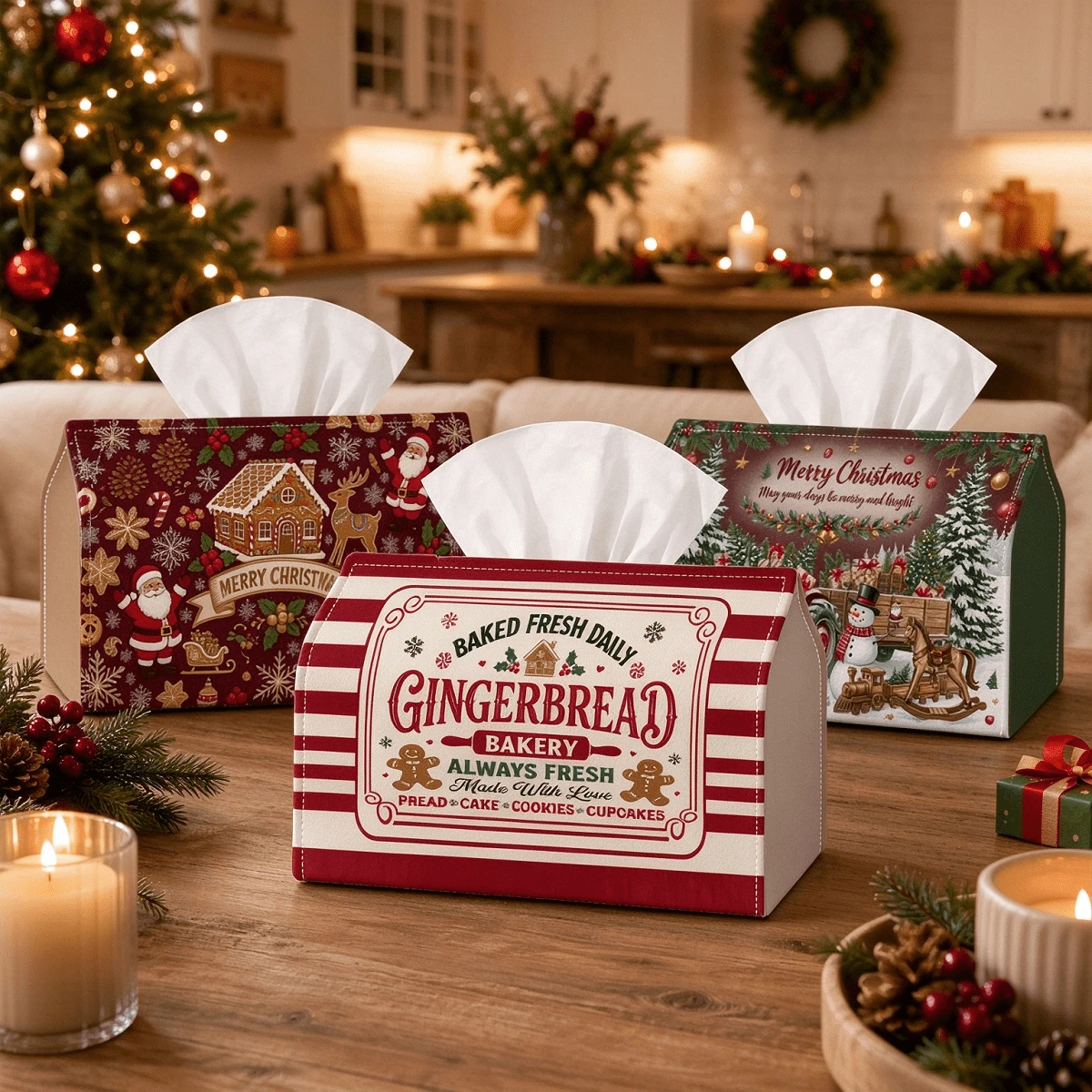 1pc Traditional Holiday Tissue Box | Multi-Functional Christmas Napkin Holder, Suitable For Home, Christmas Car Decor, Santa Claus Reindeer Gingerbread House - Seasonal Decorative Tissue Box For Living Room