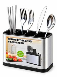 1 pieza Caja de almacenamiento de utensilios giratoria 360°, estante para utensilios de cocina, contenedor de almacenamiento redondo de acero inoxidable, caja de almacenamiento de cuchillos y tenedores con agujeros de drenaje, estante de almacenamiento multifuncional para utensilios y herramientas para almacenamiento en restaurante y cocina - Ver 13