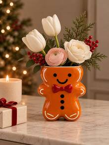 1pc Cute Cartoon Gingerbread Man Shaped Vase, 3D Embossed Detail Decorative Flower Stand, Christmas Tabletop Home Decor - Gingerbread Man - View 6