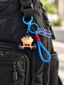 MINISO Crayon Shin-Chan Weightlifting Figure Keychain With Blue Braided Wrist Strap, Funny Backpack Charm For Gym Bags, Birthday & Christmas Gifts - Style 1 - View 2