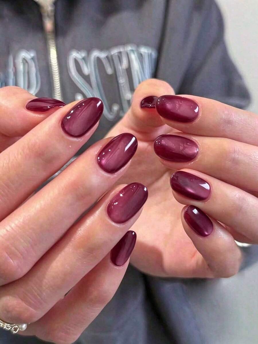 24pcs Y2K Short Oval Press-On Nails, Grape Purple Cat Eye Nail Art, Acrylic Fake Nails Set, Includes 1pc Jelly Glue And 1pc Nail File, Suitable For DIY Use, Cat Eye Nails - Purple - View 1