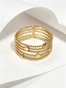Charm-In Dainty Multi Layer Bead Open Cuff Ring, 18K Gold Plated Copper, Bold Statement Ring For Club, Holiday & Birthday Gift - Gold - View 6