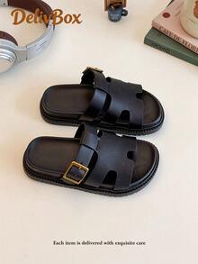 1 Pair Boys' Sandals, Metal Buckle Decor, Comfortable And Easy To Wear, Open Toe Low-Top, No Laces (Slip-On Design), Flat Sole, Casual Slides, Suitable For Summer Indoor And Outdoor Play - Black - View 2