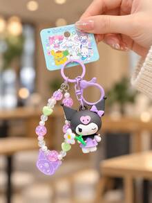 MINISO Sanrio Kuromi Figure Keychain Holding A Flower With Purple Beaded Loop And Bow Detail, Cute Bag Charm For Handbags, Birthday & Christmas Gift - Style 1 - View 3