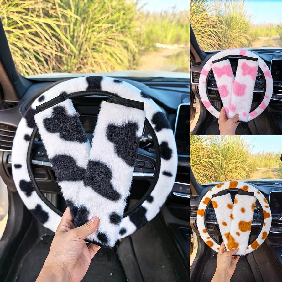 Cow Print Fluffy Car Steering Wheel Cover Set With Seat Belt Shoulder Pads, Winter Warm Soft Plush Universal 15 Inch Non-Slip Fuzzy Auto Interior Protector Accessories For Women Girls - Cow Print - View 1