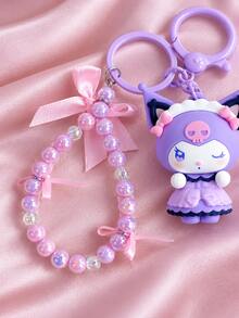 Miniso Sanrio Kuromi & My Melody 系列公仔鑰匙圈，附珠飾環與蝴蝶結緞帶，手提包與後背包掛飾，生日與聖誕禮物 - 款式 2 - 查看 5