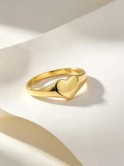Charm-In 18K Gold Plated Copper Heart Signet Ring For Women, Dainty Solid Plain Heart Band, Minimalist Stackable Daily Jewelry