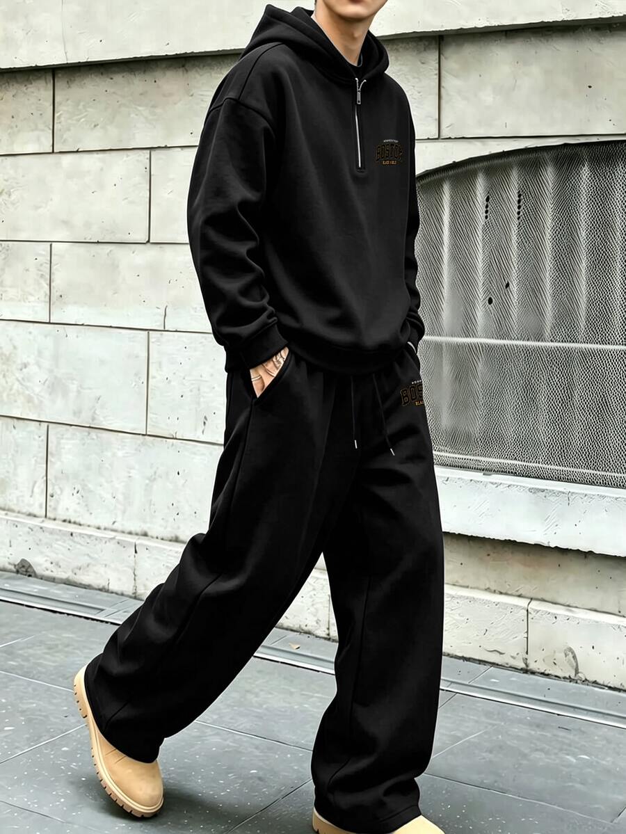 Men's Autumn/Winter Letter Print Half-Zip Fleece Lined Warm Hoodie Sweatshirt And Drawstring Waist Straight Leg Pants Set - Black - View 1