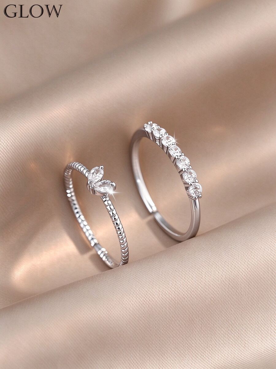 2pcs/Set Silver Fashion Minimalist Elegant Niche High-End Heart Rhinestone Ring Set, Suitable For Teenage Girls Daily And Holiday Wear - Silver - View 1