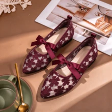 Four-Season Burgundy Floral Lace Hollow-Out Ballet Shoes Pointed Toe Breathable Mesh Shoes For Women, Suitable For Commuting, Parties, Dates, Office - Burgundy - View 3