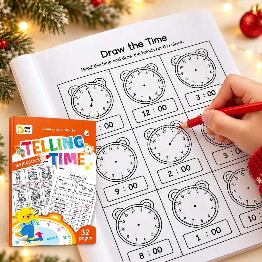 32-Page Children's Time-Telling Practice Book, Learn To Read Analog Clocks, Practice Writing And Drawing Clock Hands, AM And PM Daily Routine Exercises, Preschool Kindergarten Math Activity Book, Home Learning Educational Gift, Math Workbook, Christmas Gift, Learning Supplies, Educational Books, Educational Games