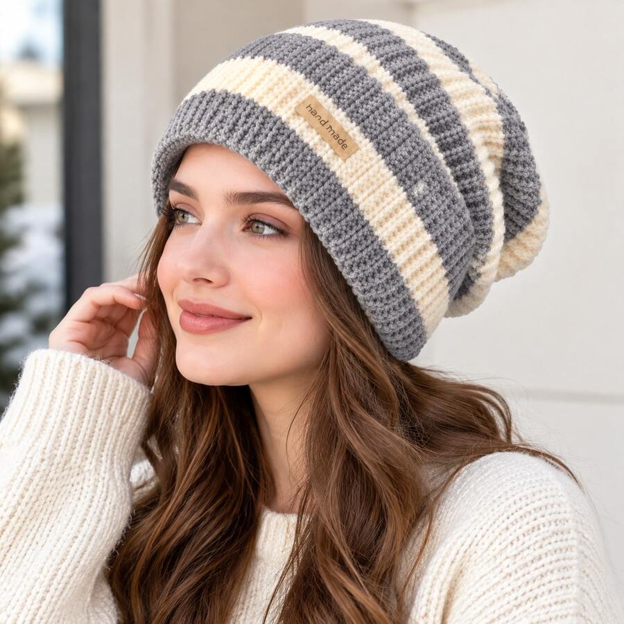 ML&ZA Women's Loose Lazy Knit Beanie, Color Block Striped Design With Hand-Woven Label Detail, Thick Soft Warm Windproof, Casual Winter Hat Accessory - Multicolor - View 1