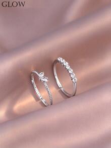 2pcs Luxury Elegant Elegant Copper Material Heart-Shaped Sparkling Rhinestone Open Adjustable Rings, Suitable For Children Girls Daily And Holiday Wear - Silver - View 1
