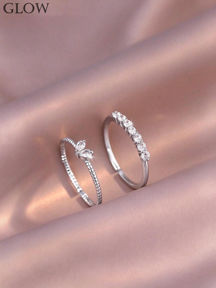 2pcs Luxury Elegant Elegant Copper Material Heart-Shaped Sparkling Rhinestone Open Adjustable Rings, Suitable For Children Girls Daily And Holiday Wear - Silver - View 1