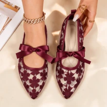 Four-Season Burgundy Floral Lace Hollow-Out Ballet Shoes Pointed Toe Breathable Mesh Shoes For Women, Suitable For Commuting, Parties, Dates, Office - Burgundy - View 2