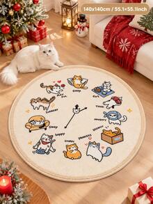 1pc Fun Cat Turntable Round Velvet Rug, Designed In Cute Turntable Style, Surrounded By Different Poses Of Funny Cats, Paired With Fun English Labels, Relaxing And Healing Art Style. Velvet Short Pile Soft And Comfortable, Suitable For Living Room Sofa Front, Children's Room, Cat Corner, Warm And Cute Atmosphere - Multicolor - View 4