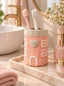 Cute 3D House Shaped Toothbrush Holder (1pc) - Pale Pink Heart-Shaped Bathroom Countertop Storage Rack, Can Be Used To Store Toothpaste, Combines Decorative And Storage Functions, Adds Sweet Home Atmosphere To The Vanity - Multicolor - View 3