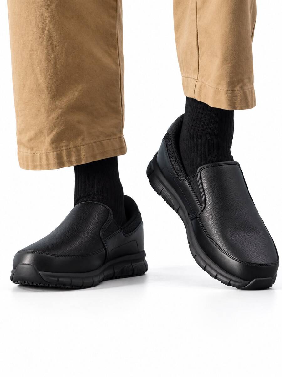 Skechers 男士防滑耐磨軟底上班通勤輕便商務休閒運動鞋一腳蹬 - 黑色 - 查看 1