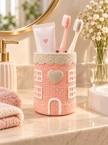 Cute 3D House Shaped Toothbrush Holder (1pc) - Pale Pink Heart-Shaped Bathroom Countertop Storage Rack, Can Be Used To Store Toothpaste, Combines Decorative And Storage Functions, Adds Sweet Home Atmosphere To The Vanity - Multicolor - View 7