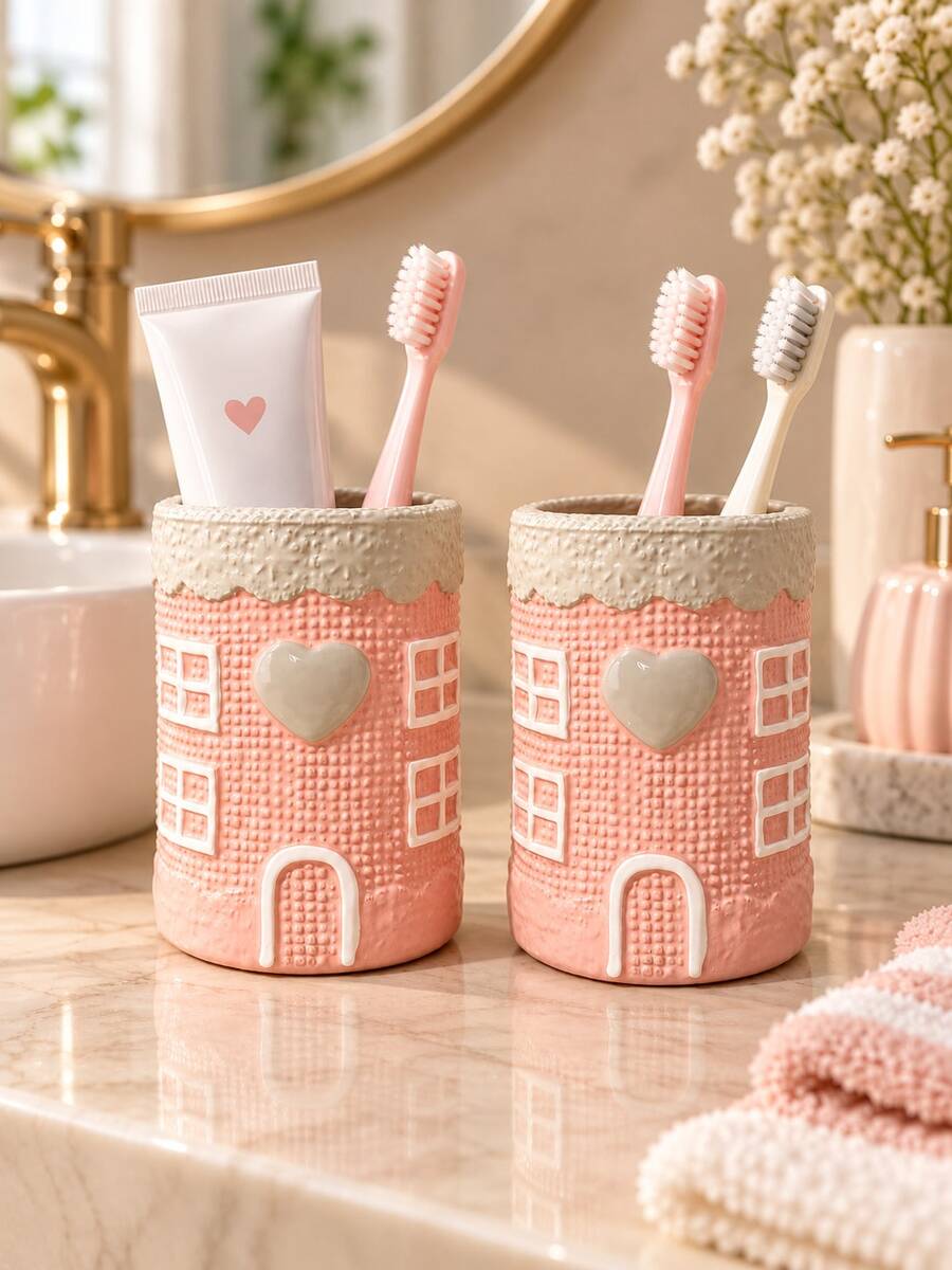 Cute 3D House Shaped Toothbrush Holder (1pc) - Pale Pink Heart-Shaped Bathroom Countertop Storage Rack, Can Be Used To Store Toothpaste, Combines Decorative And Storage Functions, Adds Sweet Home Atmosphere To The Vanity - Multicolor - View 1