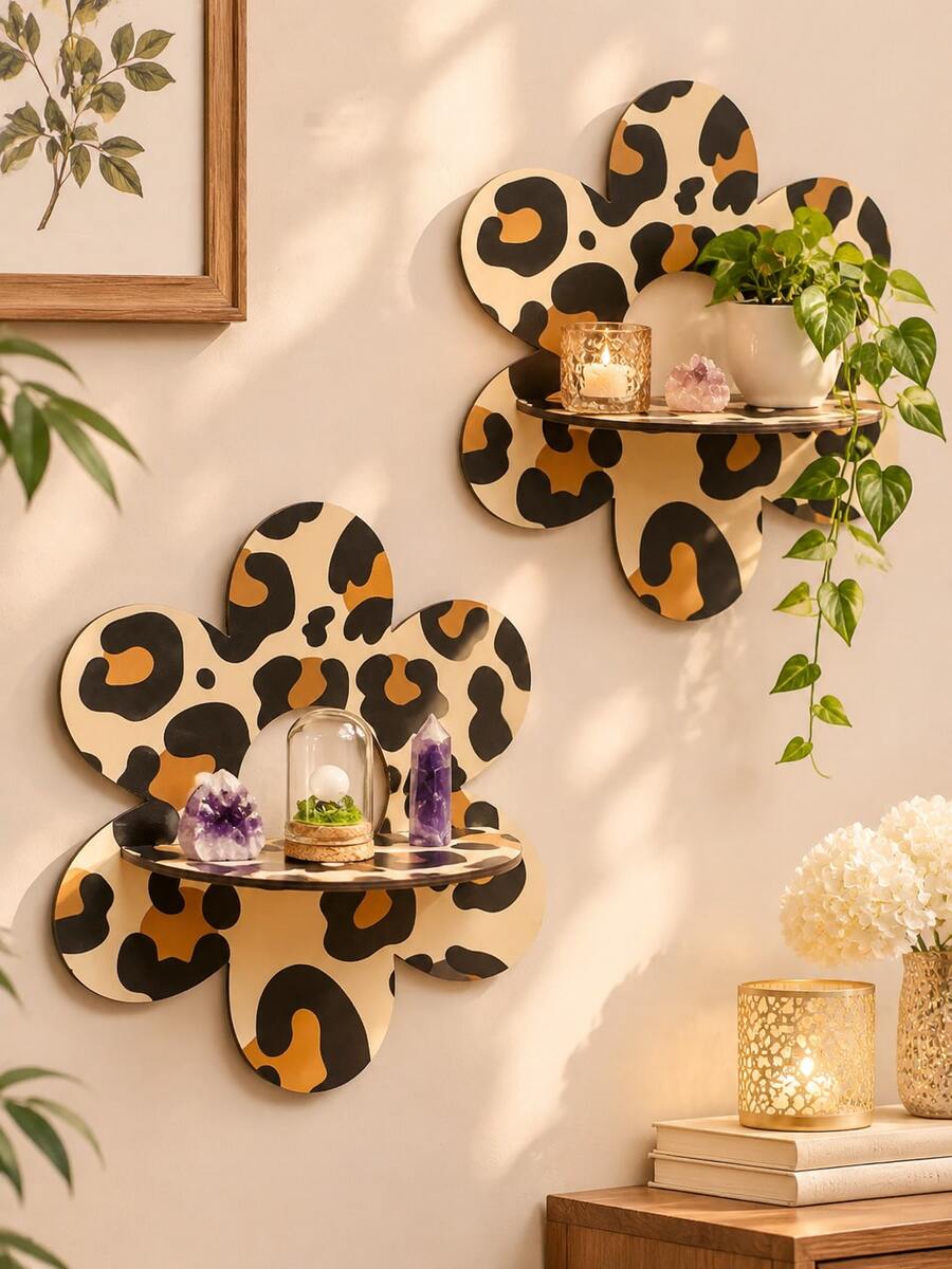 1pc Floral Wall Shelf Leopard Print Vintage Bohemian Floating Display Rack Beige Brown Black Decorative Space-Saving Storage Shelf Suitable For Bedroom Living Room Vanity And Eclectic Home Decor For Placing Crystals Small Plants Candles Perfume Unique Decorative Accent