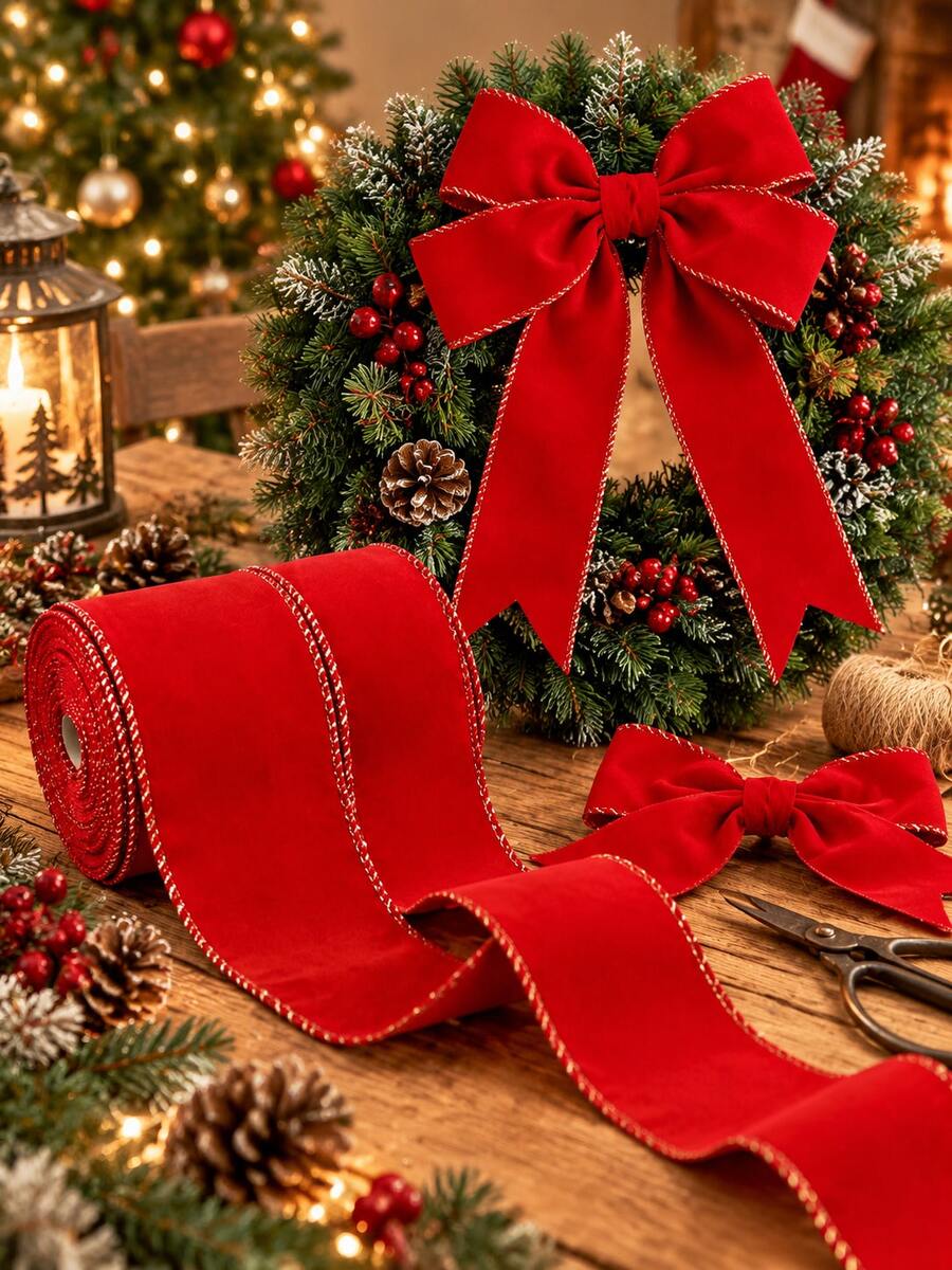 10 Yards/1M Red Gold Edge Ribbon, Red Ribbon, Handmade Accessories. Christmas Gift Wrapping Ribbon, Christmas Party Supplies, Christmas Tree Decoration Satin Ribbon, Christmas Holiday Decoration, Christmas Velvet Ribbon, Red With Gold Edge, Suitable For Christmas Tree Decoration, Gift Wrapping, DIY Crafts, Wreaths, Bows And Home Decor, Handmade Enthusiasts, Christmas Decoration Supplies - Multicolor - View 1